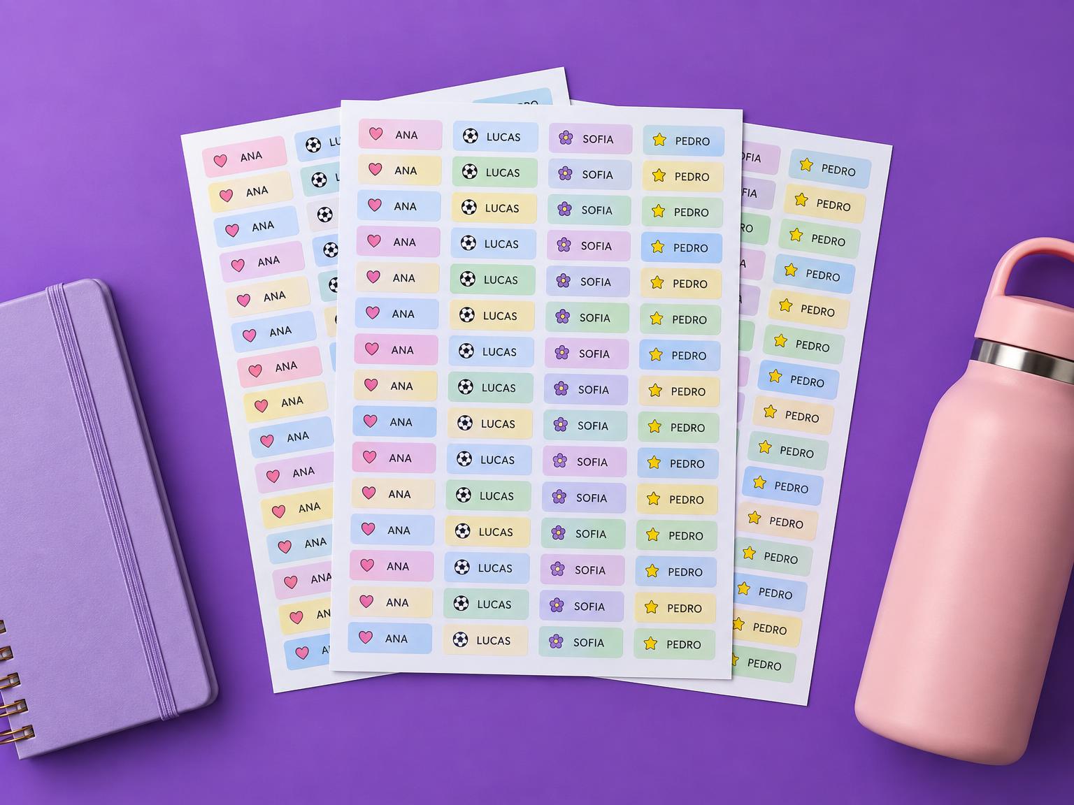 Cartelas com fileiras de etiquetas escolares com nome do Kit Essential
